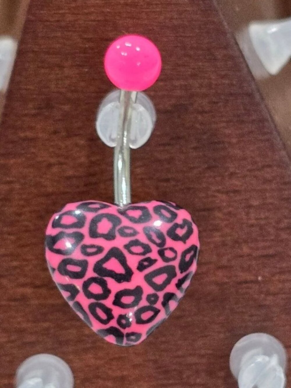 Painful Pleasures ✦ Pink Leopard Heart Navel Ring ✦ 14G Surgical Steel Barbell